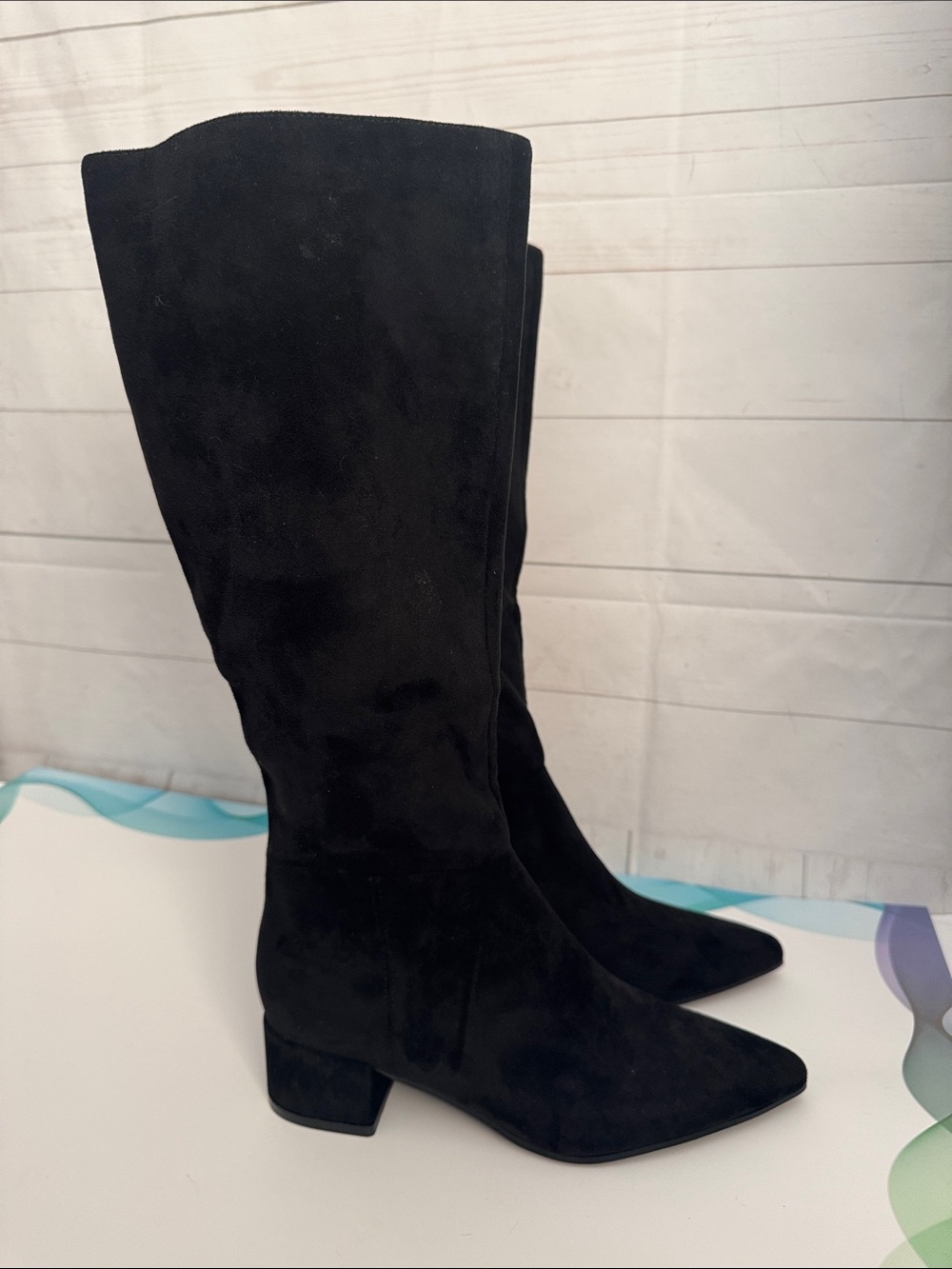 Adrizzleine Sz 6.5 Black Faux Suede Knee-High Block Heel Boots